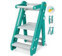 Onasti Toddler Learning Tower, Folding toddler kitchen step stool, standing tower for kitchen counter bathroom, Adjustable Height, Safety bar (Green)