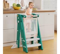 Onasti Toddler Learning Tower, Toddler Tower Foldable with Safety Bar, Adjustable Height, Kitchen Stool for Kids with Handles, Non-slip, for Kitchen Counter Bathroom Sink (Green)