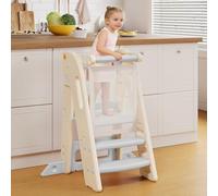 Onasti Toddler Learning Tower, Toddler Tower Foldable with Safety Bar, Adjustable Height, Kitchen Stool for Kids with Handles, Non-slip, for Kitchen Counter Bathroom Sink(Grey+white)