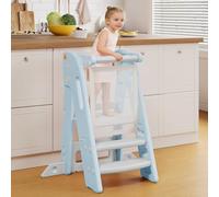 Onasti Toddler Learning Tower, Toddler Tower Foldable with Safety Bar, Adjustable Height, Kitchen Stool for Kids with Handles, Non-slip, for Kitchen Counter Bathroom Sink (Blue)