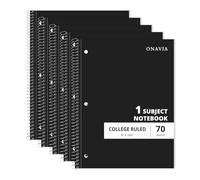 ONAVIA 1 Subject Spiral Notebook, 5 Pack, College Ruled, 8" x 10-1/2", 70 Sheets, 3-Hole Punched Paper, Subject Notebook for School, Study, Black