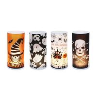 ONBAGLST 4 PCS Flameless Battery Operated LED Halloween Candles, Orange LED Halloween Pillar Candles with Castle, Ghost, Bats for Indoor Halloween Decor