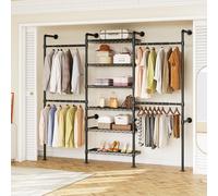 ONBRILL H3 Wall Mounted Closet System, Industrial Pipe Clothing Rack, Black | 5.4FT-8.1FT Closet Organizer with 4 Telescopic Rods & 6 Wire Shelves, Heavy Duty Clothes Rack for Reach-in & Walk-in Closets