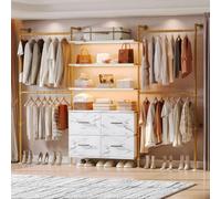 ONBRILL T4 Closet System with Stepless Dimmable LED Light (Gold+Marble) | Wall Mounted Industrial Pipe Clothes Rack with 4 Large Drawers, 6 Wooden Shelves & 4 Telescopic Rods, 6'6'' to 8'11'' Wide