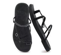 ONCAI Flat Sandals for Women with Toe-loop Square Open Toe Strappy Slide Sandal 2026 Summer Fashion Dressy Slip on Black Size 8 Casual Beach Lightweight Outdoor Ladies Slides Shoes