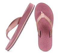 ONCAI Flip Flops Womens Arch Support Yoga Mat Summer Beach Leather Athletic Thong Sandals 2025 Woman Light Pink Size 7 with Orthotic Plantar Fasciitis Rubber Soles
