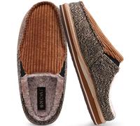 ONCAI Mens House Slippers, Cotton-Blend Plantar Fasciitis Warm Corduroy Wool-like Stripe Faux Fur Clog Arch Support Slippers Slip-on High-Density Memory Foam Indoor Outdoor Rubber Sole Khaki Size 8.5