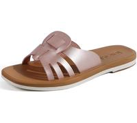 ONCAI Slides for Womens, Flat Dressy Square Toe Summer Beach Sandals for Woman 2025 with Comfortable Non-slip Rubber Soles Rose Gold Size 4