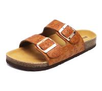 ONCAI Women’s Flat Slide Sandals Suede Leather Adjustable Double Buckle Strap Cushion Cork Footbed Open Toe Mules with Non-slip Rubber Sole Floral Khaki 6 UK