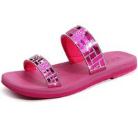 ONCAI Womens Rhinestones Flat Sandals Rose Red Trendy Square Open Toe Sparkly Summer Dressy Slides Sandals with Non-slip Rubber Soles size 4