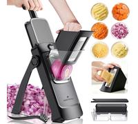 ONCE FOR ALL Safe Mandoline Slicer 5 in 1 Vegetable Chopper Food Potato Cutter, Strips Julienne Dicer Adjustable Thickness 0.1-8 mm Kitchen Chopping Artifact Fast Meal Prep (Latest Full Match-Black)