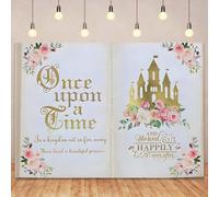 Once Upon a Time Backdrops Fairy Tale Books Backdrop Pink Floral Gold Castle Princess Fairytale Birthday Party Decor Princess Romantic Wedding Birthday Party Magic Book Background Banner Props 7x5FT
