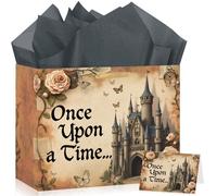 Once upon a Time Birthday Decorations Gift Bag Large Castle Vintage Gift Bag Fairytale Wrapping Paper Bag with Tissue Paper Greeting Card for Fairy Tale Party Birthday Supplies Decor Favors