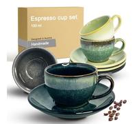OndaCore Espresso Cups Set with Saucers 4x100 ml, Colourful Thick-Walled Stoneware Coffee Cups, Handmade, Dishwasher Safe, Microwave Safe, Ceramic Cups for Espresso, Tea, Moka