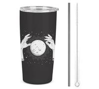 One 20 Oz 304 Stainless Steel Cup, Insulated Water Bottle Hot Cold Travel Mug, Double Walled with Removable Silicone Straw Print Black White Full Moon with Rays in The Hands of Fortune Teller