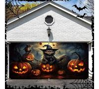One 2D banner, a terrifying Halloween garage door decoration, a creepy ghost face pumpkin lantern with a black cat pattern 250x180CM