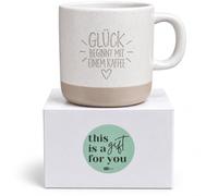 One Ace Ceramic Mug 360 ml Coffee Mug with Loving Motifs and Sayings White/Beige Gift for Men and Women (White-Beige, Glück beginnt mit einem Kaffee)