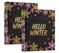 One and A Half Inch Notebook Binders Hello Winter Gold Pink Black Snowflake 3 Ringed Notebook Binders with Interior Pockets 2 Pack for Letter Size (11" X 8.5") 200 Sheets