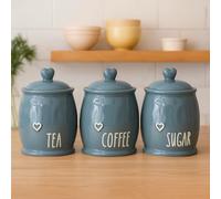 ONE BEST DEAL Ceramic Tea Coffee Sugar Canister Set White Kitchen Storage Jars with Heart Lids Rustic Kitchen Countertop Containers for Homes (Grey)