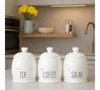 ONE BEST DEAL Ceramic Tea Coffee Sugar Canister Set White Kitchen Storage Jars with Heart Lids Rustic Kitchen Countertop Containers for Homes (White)