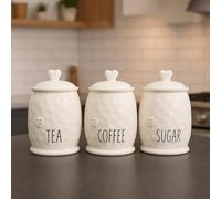 ONE BEST DEAL Ceramic Tea Coffee Sugar Canister Set White Kitchen Storage Jars with Heart Lids Rustic Kitchen Countertop Containers for Homes