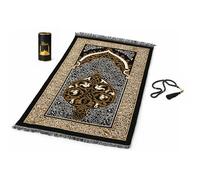 ONE BEST DEAL Islamic Prayer Mat Set with Tasbih Beads and Storage Tube Soft Velvet Salah Janamaz for Home Mosque Travel Ramadan Gift (Black)