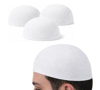 ONE BEST DEAL OBD 3 x White Islamic Prayer Cap for Men Breathable Knitted Kufi Skull Cap Comfortable Daily Namaz Mosque Wear