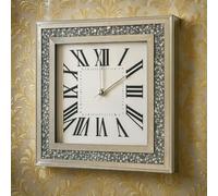 ONE BEST DEAL OBD Luxury Square Mirrored Wall Clock with Crushed Diamond Frame Roman Numeral Design Elegant Sparkle Glass Border Modern Home Decor Clock for Living Room Bedroom (35 cm)