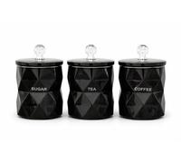 ONE BEST DEAL OBD Marble Tea Coffee Sugar Canisters Set Airtight Crystal Lids Unique Design Kitchen Decor & Housewarming Gift Set (Black)