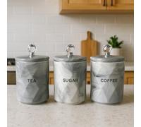 ONE BEST DEAL OBD Marble Tea Coffee Sugar Canisters Set Airtight Crystal Lids Unique Design Kitchen Decor & Housewarming Gift Set (Grey)