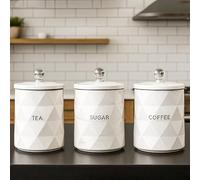 ONE BEST DEAL OBD Marble Tea Coffee Sugar Canisters Set Airtight Crystal Lids Unique Design Kitchen Decor & Housewarming Gift Set (White)