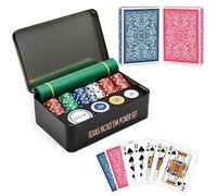 ONE BEST DEAL OBD Poker Set with 200 Professional Casino Chips Two Decks of Playing Cards Poker Mat Dealer Button Blind Buttons Metal Storage Tin Complete Holdem Game Kit for Family Parties Travel