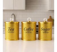 ONE BEST DEAL OBD Sparkling Diamond Tea Coffee Sugar Canister Set Airtight Canister Set Crushed Diamond Kitchen Storage Jars Premium Decorative Tea Sugar Coffee Containers (Gold Diamond)