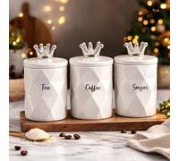 ONE BEST DEAL OBD Tea Coffee Sugar Canister Set Ceramic Kitchen Storage Jars with Crown Lid Decorative Countertop Containers for Kitchen Organisation