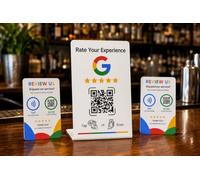 One Counter Stand and Two Cards All with NFC and QR Code pre-Programmed to Your Businesses Review Page.