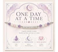 One Day At A Time Crystal Bracelet with Inspirational Moon Star Card - Engraved Silver Bar Bracelet Amethyst Moonstone Rose Quartz, Self Care Mental Health Gift for Women, Recovery Anxiety Support, En