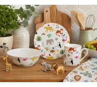 One Day at the Zoo Breakfast Set 3 Pieces Plate 6.5" 16.5 cm Mug & Cereal Bowl Fine Bone China Kids Children Set Animals Collage Hand Decorated UK