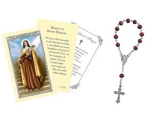 One Decade St Theresa Rosary Beads - Rose Scented St Therese of Lisieux Rosary - St Theresa Little Flower Rosary Beads Case, St Therese Prayer Card, The Lord's Prayer - Catholic Cards Set - 3 Items