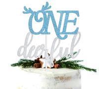 One Derful Cake Topper, Happy 1st Birthday, Winter Deer Theme Baby First Birthday/One Year Old Bday Party Decorations Supplies, Blue and Silver Glitter