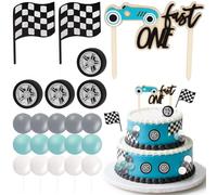 One Fast Race Car Cake Toppers Set, Racing Car Birthday Party Decorations with Checkered Flags, Wheels & Balloons, Birthday Cake Topper for Racing Themed Party Supplies