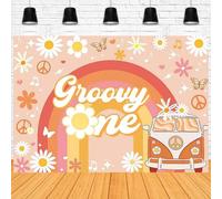 One Groovy Happy Birthday Backdrop for Girls Boho Pink Rainbow Bus First Birthday Backdrop Retro Boho 1st Birthday Party Background Girl Daisy Floral Newborn Baby Party Decorations Banner (5X3 Feet)
