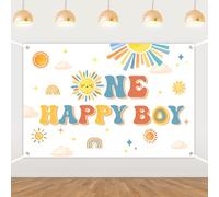 One Happy Boy Backdrop Boho First Trip Around The Sun Decorations Little Sunshine 1st Birthday Photography Background Banner for Boys Groovy One Sun Themed First Birthday Party Decor Supplies 5×3ft