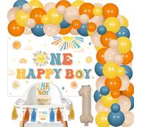 One Happy Boy Birthday Decorations Backdrop Sunshine 1st Birthday Highchair Banner Cake Cupcake Toppers Boho Sun Theme Balloon Garland Arch Kit for Boys Groovy Retro First Trip Around the Sun Party