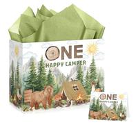 One Happy Camper 1st Birthday Gift Bag with Card & 3 Sheets Green Tissue Paper, Whimsical Woodland Animal Present Bag for Boys Girls, Large Luxury Forest Camping Theme Wrap for Toddlers