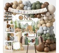One Happy Camper Birthday Decorations, Camping 1st Birthday Party Supplies with Balloon Arch Balloon Box Backdrop High Chair Banner Crown Cake Topper Table Cloth
