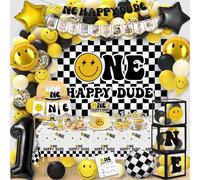 One Happy Dude 1st Birthday Decorations - Lightning Bolt Backdrop, Balloons Arch, High Chair Banner & More for Baby Boys & Girls