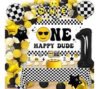 One Happy Dude 1st Birthday Party Decorations Kit With One Happy Dude Backdrop, Banner, Balloons, Cake Toppers, Tablecloth