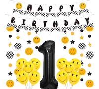 One Happy Dude Birthday Decorations - 15 Pcs 1st Boy Decoration Banners Lightning Star Circle Dot Garlands Smile Face Number 1 Foil Balloons for Boys Happy First Birthday Party Supplies