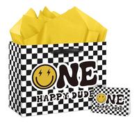 One Happy Dude Birthday Gift Bag with Tissue Paper and Greeting Card One Year Old Boy Birthday Gifts Wrapping Paper Bag, 1st Bday Boy Present Wrap, First Birth Day Party Decorations Supplies
