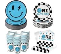 One Happy Dude Birthday Plates, Blue Smile Face Party Supplies, Serves 25
